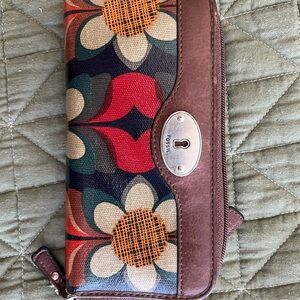 Fossil Floral Wallet with Brown Leather Trim